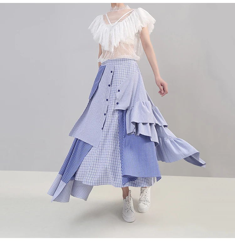 Korean Style Women Summer Asymmetrical Blue Striped Casual Skirt Ruffles Elastic Waist Ladies Stylish Skirt Robe Femme 5243