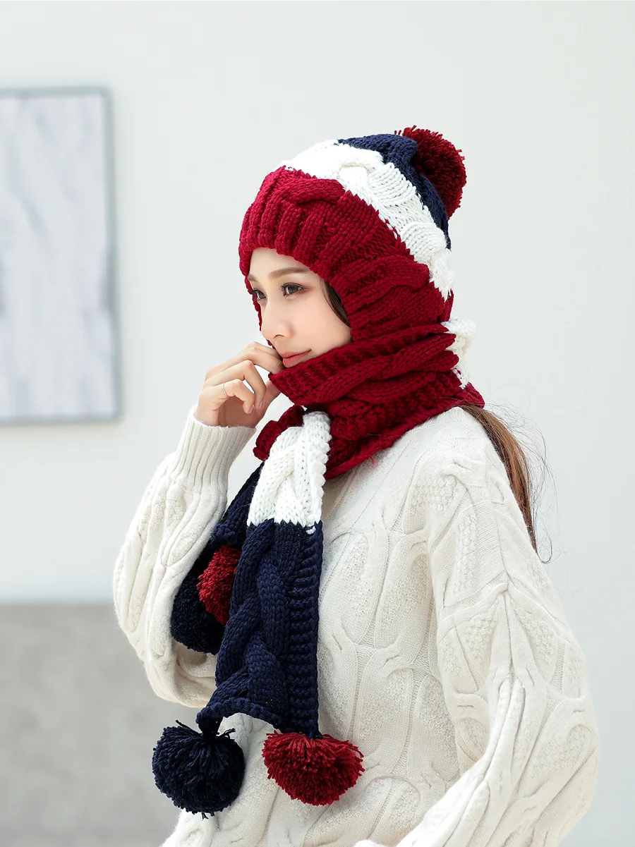Новинка года; зимняя шапка для девочек; милый теплый комплект; вязаная шапка; шарф с помпоном; бини; шаль; плотный переплетенный бархатный головной убор