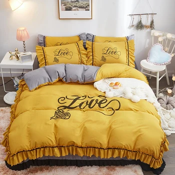 

Korean Princess Style Yellow Purple Pink Green Gray Polyester Girl Bedding Set Ruffles Duvet Cover Bed Sheet/Linen Pillowcases