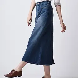 Новая женская длинная джинсовая юбка 2018 корейский стиль синий сплит длинная стрейч джинсовая юбка зима Высокая талия джинсы обернуть