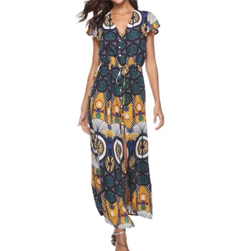 New Women Summer Bohemian Printed V-neck Print Dress Beach Holiday Fashion Casual Elegant Party Dress vestidos #4A26 (2)