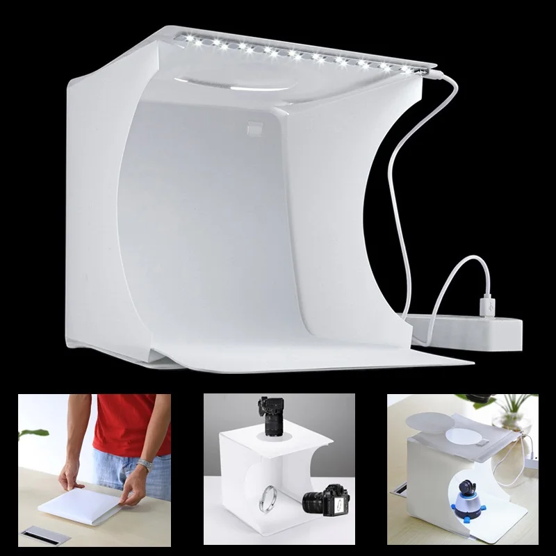Online Mini caja de luz plegable portátil para estudio de fotografía caja suave LED caja blanda para fotografía para iphone DSLR Cámara Foto fondo