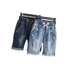 Плюс размер 4XL 5XL летние рваные джинсы короткие штаны женские повседневные капри на шнуровке женские широкие джинсы шаровары C3200