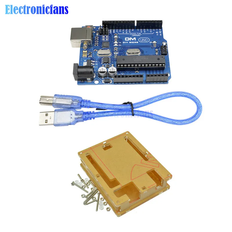 

One set UNO R3 Box (CH340G) ATMEGA16U2+MEGA328P Chip For Arduino UNO R3 ATMEGA328P-AU Development Board + USB CABLE
