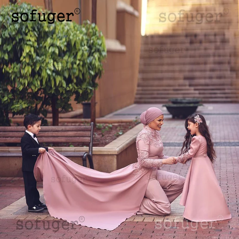 Розовые мусульманские Вечерние платья с кружевной аппликацией и длинным рукавом, сатиновые женские платья для особых случаев в арабском стиле, Платья для особых случаев размера плюс