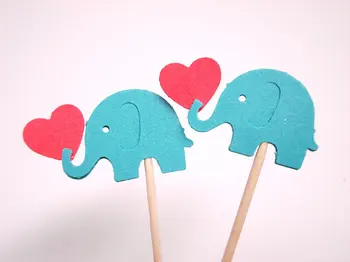 

teal elephant cupcake toppers with hearts baby shower birthday Food Picks toothpicks wedding bridal shower cake decorations