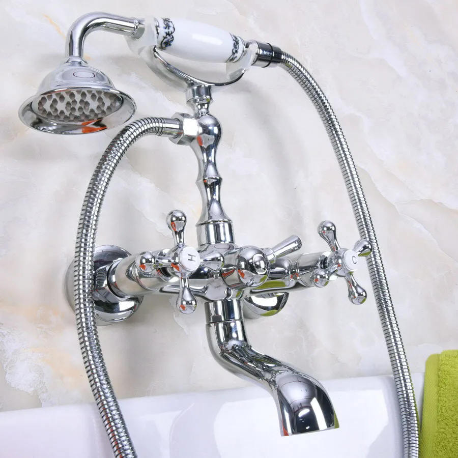 

Polished Chrome Brass Double Cross Handles Wall Mounted Bathroom Clawfoot Bathtub Tub Faucet Mixer Tap w/Hand Shower ana186