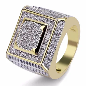 

Luxury AAA Cubic Zirconia Pave Bling Ice Out Hip Hop Ring Male Gold Color Copper Material CZ Stone Square Rings for Men Jewelry