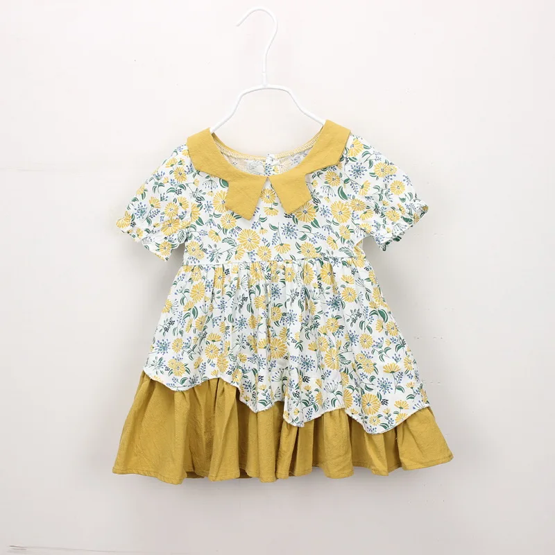 Коллекция года, летнее платье для маленьких девочек повседневное хлопковое платье с короткими рукавами и цветочным принтом в стиле Питера Пэна одежда для детей возрастом от 2 до 6 лет, LT012 - Цвет: Цвет: желтый