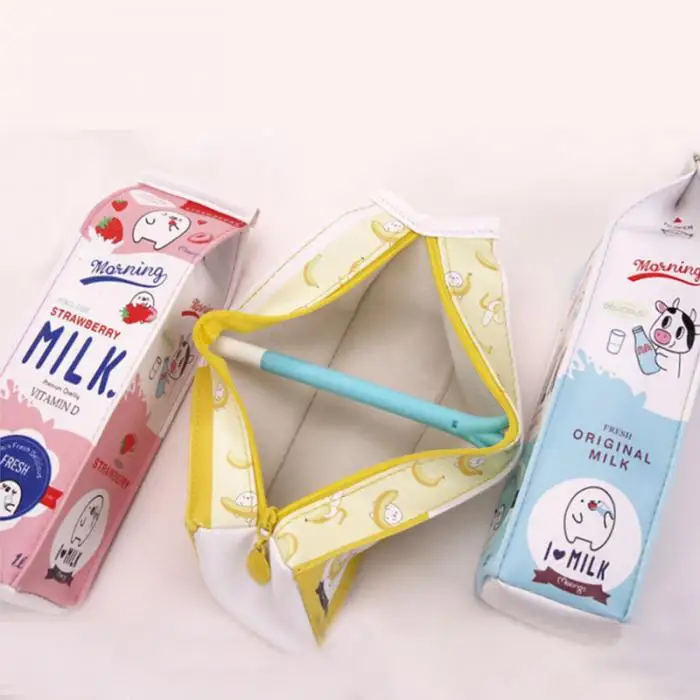 Pencil Case PU Leather Cute Milk Box Zipper Pencilcase Stationery Storage Bag Student Gifts SLC88
