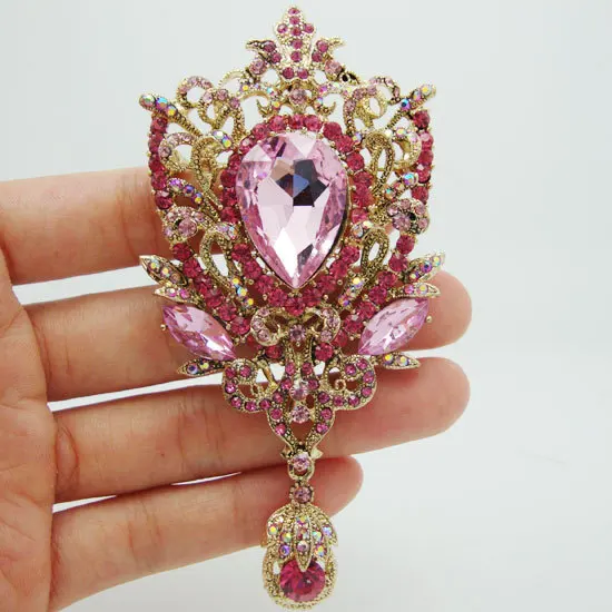 

TTjewelry Free Shipping Pretty Fashion Pretty Pink Rhinestone Crystal Crown Flower Drop Brooch Pin Pendant