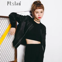 Ptslan 2016 Women’s Genuine Lambskin Leather Jacket Real Leather Motorcycle Bomber Long Sleeve Zippe