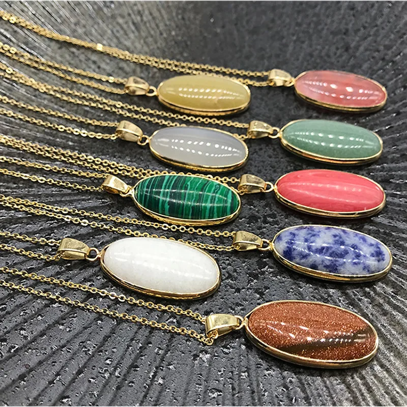 

New Punk Simple Geometric Dangle Necklaces Women Jewelry Natural Amethysts Turquoises Agates Opal Quartz Stone Pendant Necklaces
