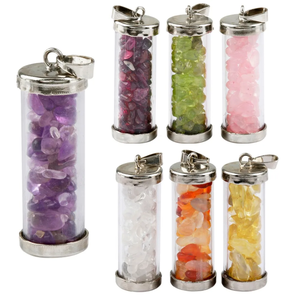 

TUMBEELLUWA 7 Chakra Chips Stone Wishing Bottle Pendant Necklace Set,Healing Reiki Wicca Jewelry