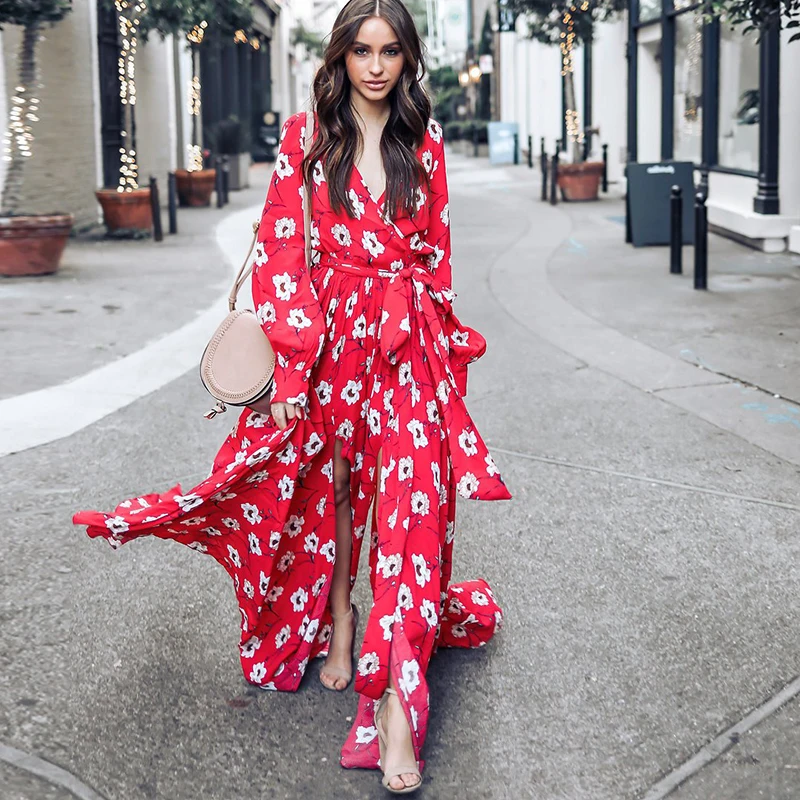 Bohemian Langarm Maxi Kleid Frauen Floral Print Strand Vintage Lange Kleid Boho Elegante V Neck Bowknot Gürtel Lace Up tunika Kleid Preise