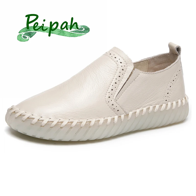

PEIPAH 2019 Handmade Cow Leather Casual Women Flats Shoes Autumn Slip On Round Toe Female Shoes Soft Sole Flat Shoes Woman