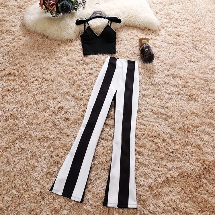 

2019 condole v-neck sleeveless vest striped brief paragraph chiffon micro horn trouser suit