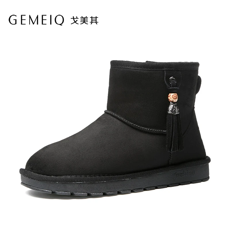 GEMEIQ/ г. Новые теплые зимние ботинки на меху женские нескользящие ботинки на плоской подошве в Корейском стиле с бахромой - Цвет: Black