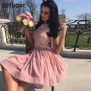 

Pink Scoop Satin A Line Black Appliques Homecoming Party Dress Evening Dress Prom Vestidos De Fiesta Lace Up Special Occasion