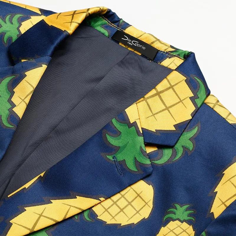 PAULKONTE 2019 Autumn Winter Pineapple Pattern Male Blazer Fashion Fresh Vibrant Dinner Show Costume Youth Slim Blue Bottom