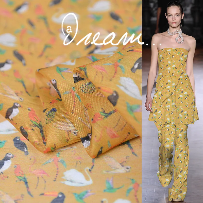 

Birds print silk material natural slub flax silk gauze fabric for dress