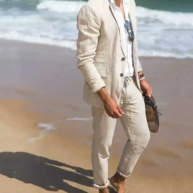 Zomer Strand Beige Linnen Mannen Suits Party Kostuum Homme Blazer Slim Fit Masculino 2 Stuk Jas Broek Pak|Pakken| - AliExpress