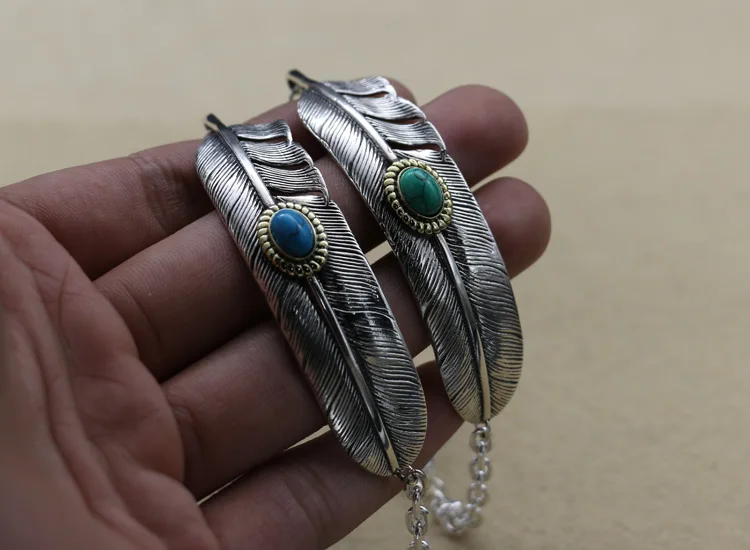 Винтажный Индийский стиль Твердое Серебро 925 браслет для мужчин и женщин перо синий камень чистое серебро 925 пробы Топ Модный Браслет из цепочки