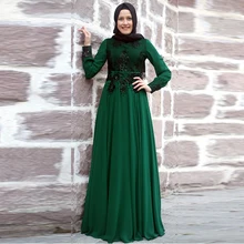 Green Chiffon Cheap Muslim Evening Dresses With Long Sleeve High Neck Saudi Arabia Evening Dress with Hijab Shawl Vestido Longo