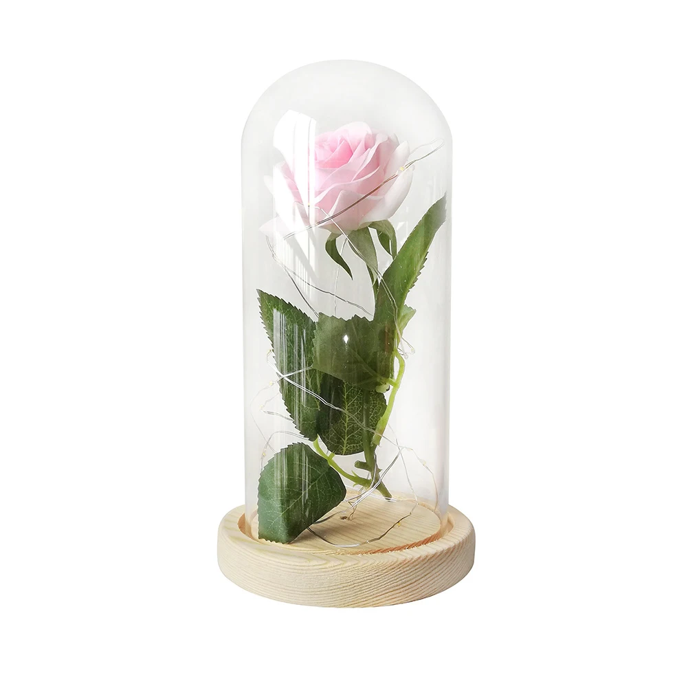 Новая Красавица и чудовище, красная роза в стеклянном куполе, светодиодный светильник, деревянная основа, романтический подарок на день Святого Валентина - Цвет: Pink