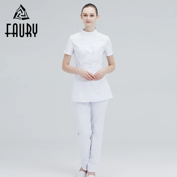 

Round Neck Short Sleeve Summer Women Nurse Medico Work Clothing Adjustable Waist Tops Pants Set Hospital Scrubs Medical Uniforms