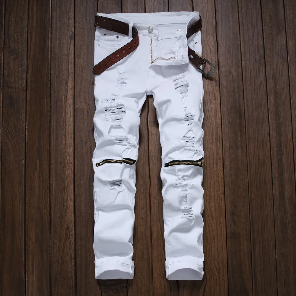 Koop 2017 Rood Wit Zwart Ripped Denim Pant Knie Gat Rits Biker Jeans Mannen Slim Skinny Vernietigd Torn Jean Broek Hiphop swag