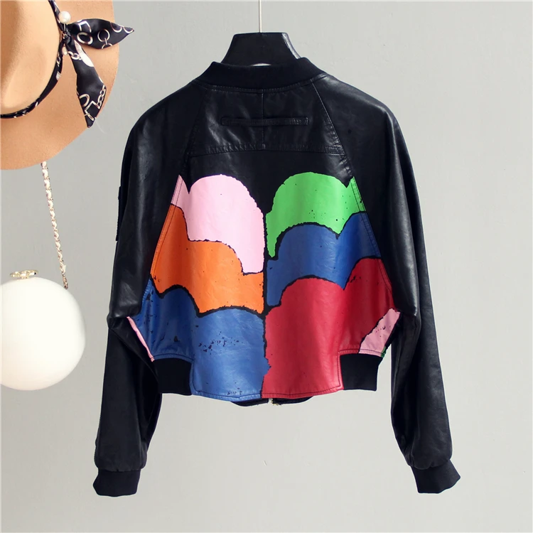 FTLZZ Autumn Women Pu Leather Jacket New Print Zippers Pockets Black Color Short Coat Female Faux Leather Jackets