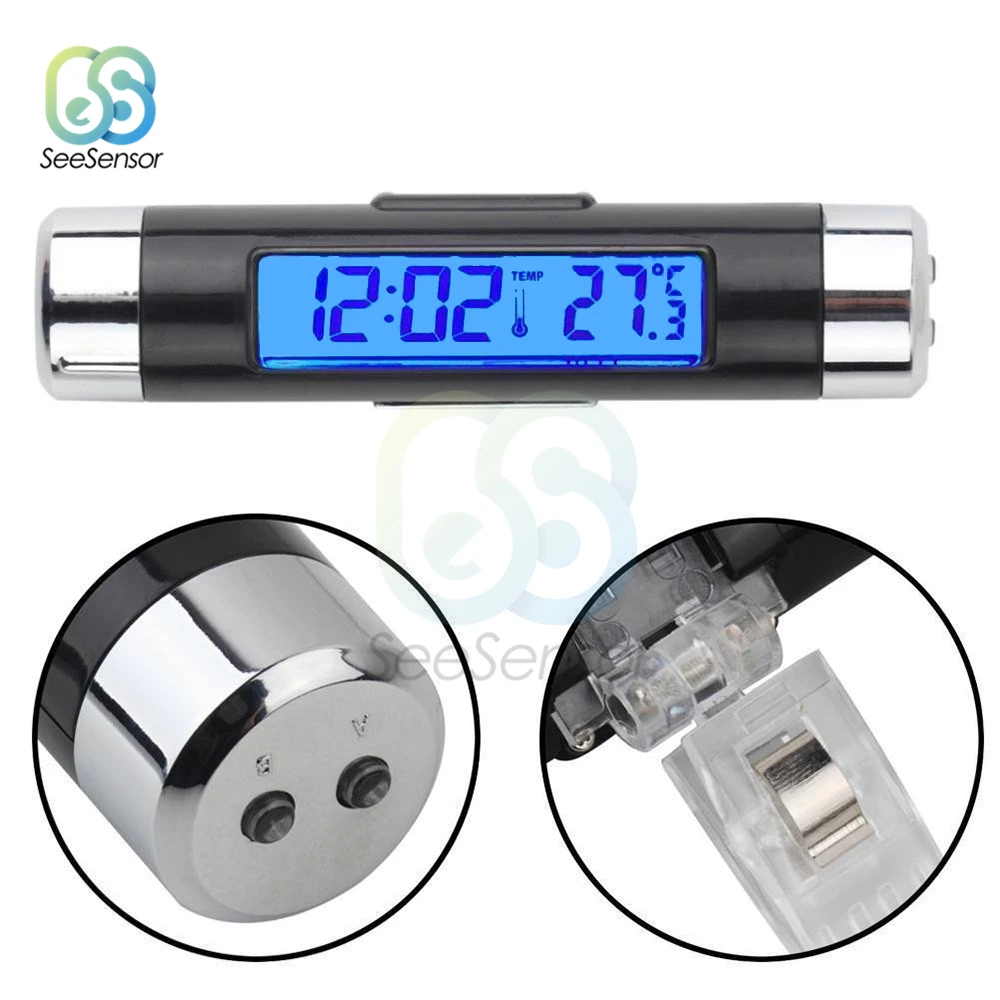 

2 in 1 Car Auto Thermometer Electronic Clock LCD Display Clip-on Digital Temperature Blue Backlight Automotive Accessories