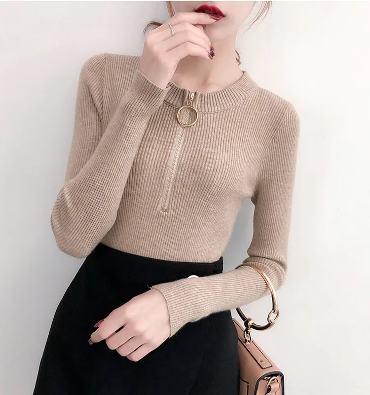 2018 Autumn Long Sleeve O Neck Zipper Open Sweaters Women