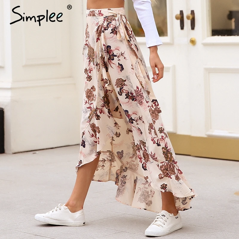 Simplee Rüschen wrap boho maxi rock frauen Asymmetrische schärpe hohe taille rock lange Casual floral print strand sommer rock weibliche