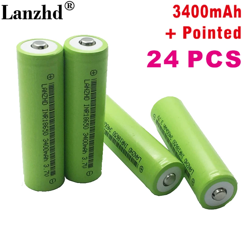 

24PCS 100% New Original INR18650 3.7v 3400mah 18650 with Pointed Lithium Rechargeable Battery For Flashlight batteries (NO PCB)
