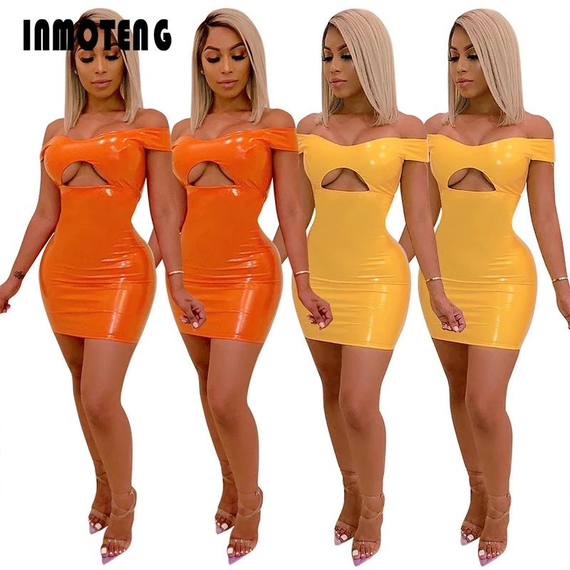 

INMOTENG Yellow/Orange PU Leather Dress Women Sexy Hollow Out Off Shoulder Short Sleeve Bodycon Mini Night Club Party Dresses