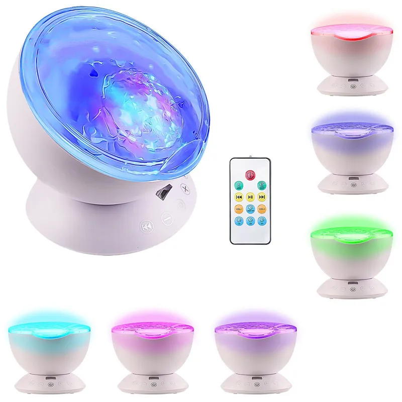 

Ocean Wave Night Light 12 LED & 7 Colors Rotating Projector Night Light with Built-in Mini Music Player TF Card Remote Control W
