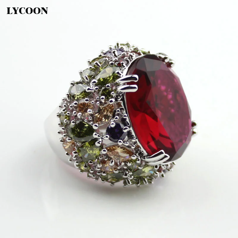 LYCOON новые кольца с большими красными кристаллами элегантное Королевское кольцо посеребренное роскошное красочное кольцо с кубическим цирконием для женщин