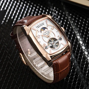 OUYAWEI Mens Watches Top Brand Luxury Tonneau Case Tourbillon Automatic Mechanical Moon Phase Male Clock Leather Band Wristwatch kinyued luxury brand tourbillon automatic skeleton watch men mechanical moon phase self wind mens watches casual horloges mannen