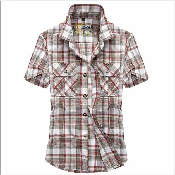 Red Plaid Брендовые летние клетчатые мужские Рубашки повседневные дышащие рубашки с коротким рукавом мужские хлопковые рубашки с отложным воротником Camisa masculina Размер M-4XL - Цвет: Red Plaid