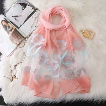 

2018 autumn and winter new lace cut-out sunflower silk scarf female artistic retro imitation silk hair gradient scarf Shawl