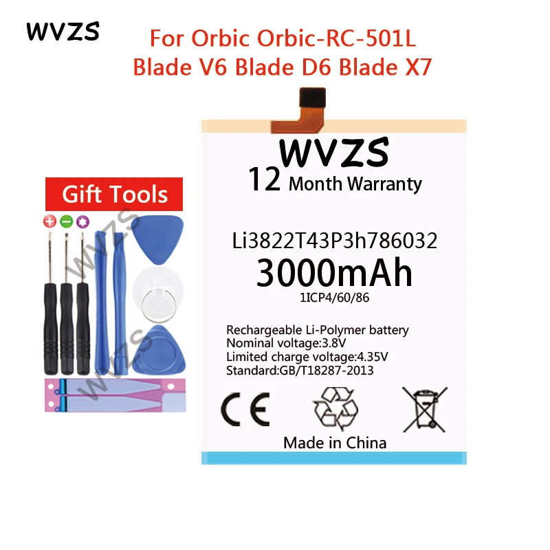 Wvzs 3000 мА/ч Батарея Li3822T43P3h786032 для zte Orbic RC 501L/zte лезвие V6 D6/zte X7 батареи|Аккумуляторы