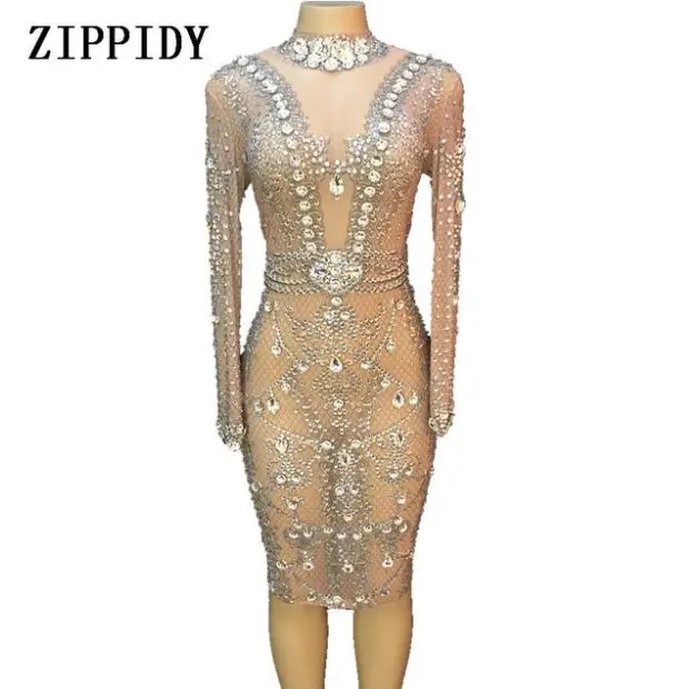 Sparkly Big Crystals Mesh Perspective Dress Evening Party Dresses ...