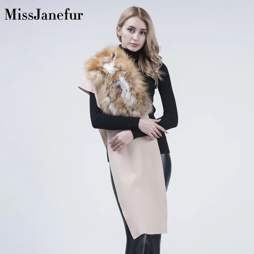 

Women Real Fox Fur Scarf Hotsale Shawl 100% Wool Cashmere Luxury