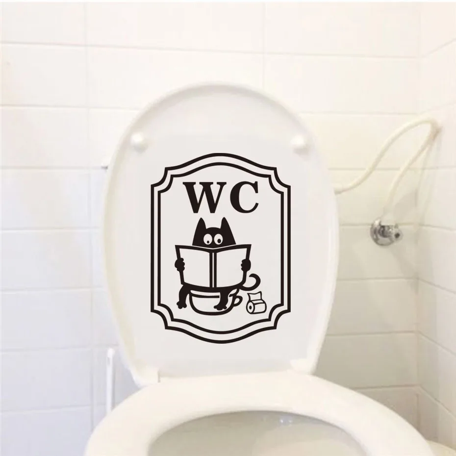 Забавный Туалет настенный знак-наклейка мультфильм кошка чтение в WC для офиса Ванная комната DIY Туалет Дверь наклейка s Винтаж домашний декор