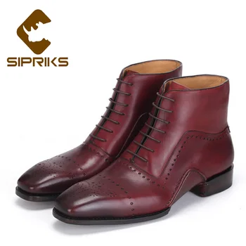 

Sipriks Luxury Mens Imported Italian Red Brown Dress Brogue Boots Handmade Sewing Welted Shoes Designer Fashion Ankle Boots