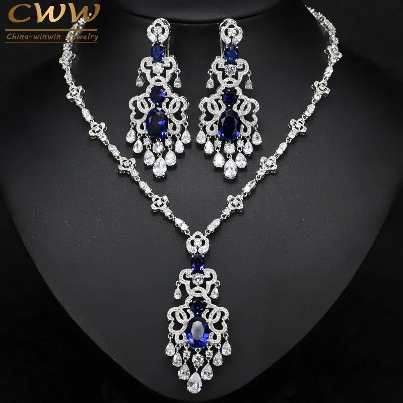

Top Quality Royal Blue Cubic Zirconia African Big Statement Earring Necklace Set For Women Evening Party Jewelry T276