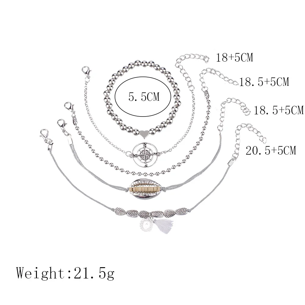 5 шт./компл. Для женщин моды оболочки компас в форме сердца с бисером в виде геометрических фигур кисточкой серебряный браслет комплект в богемном стиле Шарм ювелирные изделия, аксессуары