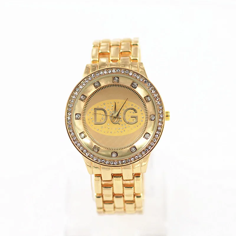 Dames Horloge Новые горячие продажи Роскошные бренды DQG женские кварцевые часы серебро полный стальной Мишка со стразами спортивные часы унисекс Chasy - Цвет: Золотой